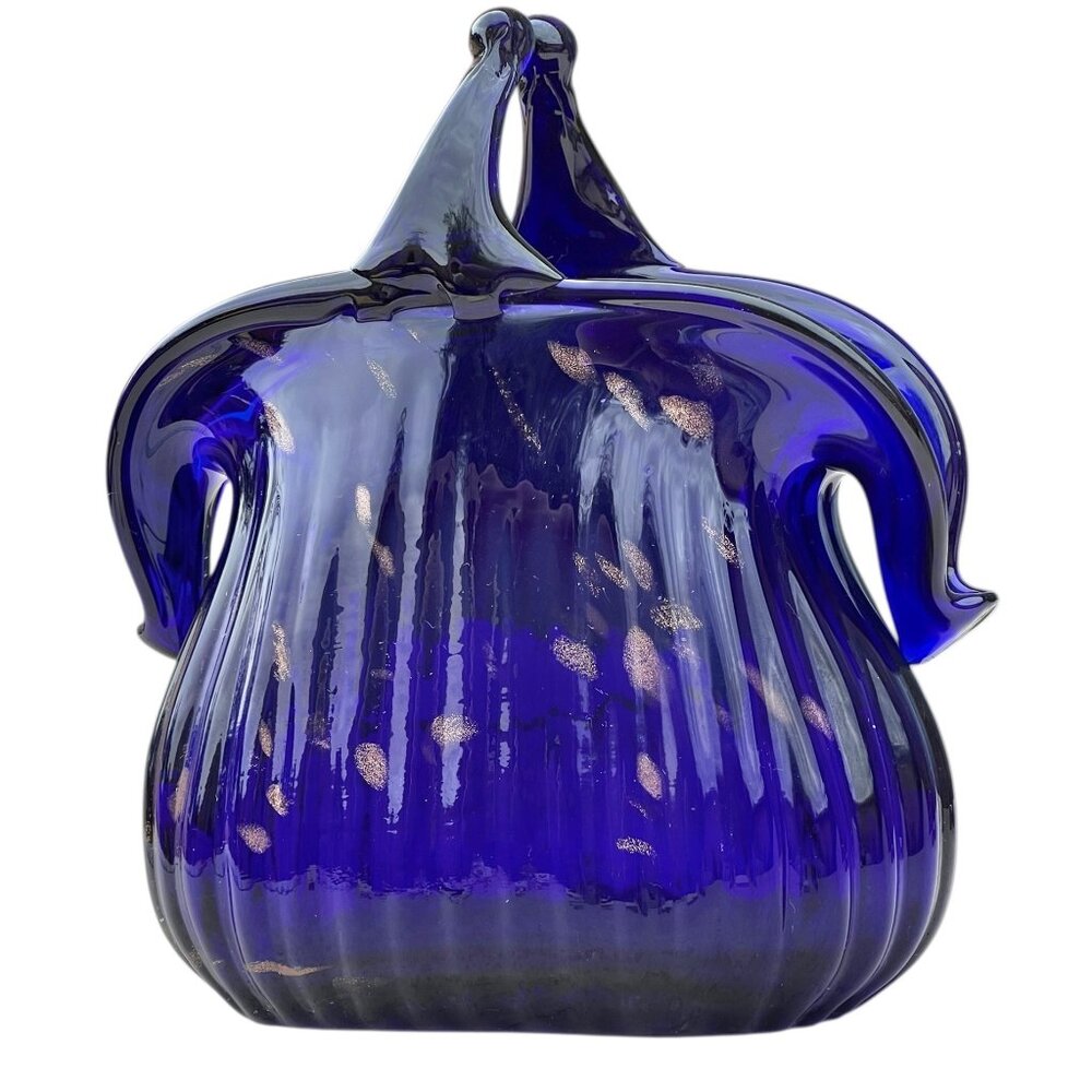 Murano Blown Glass Vase Basket Shape Cobalt Blue With Gold Sparkling Accents